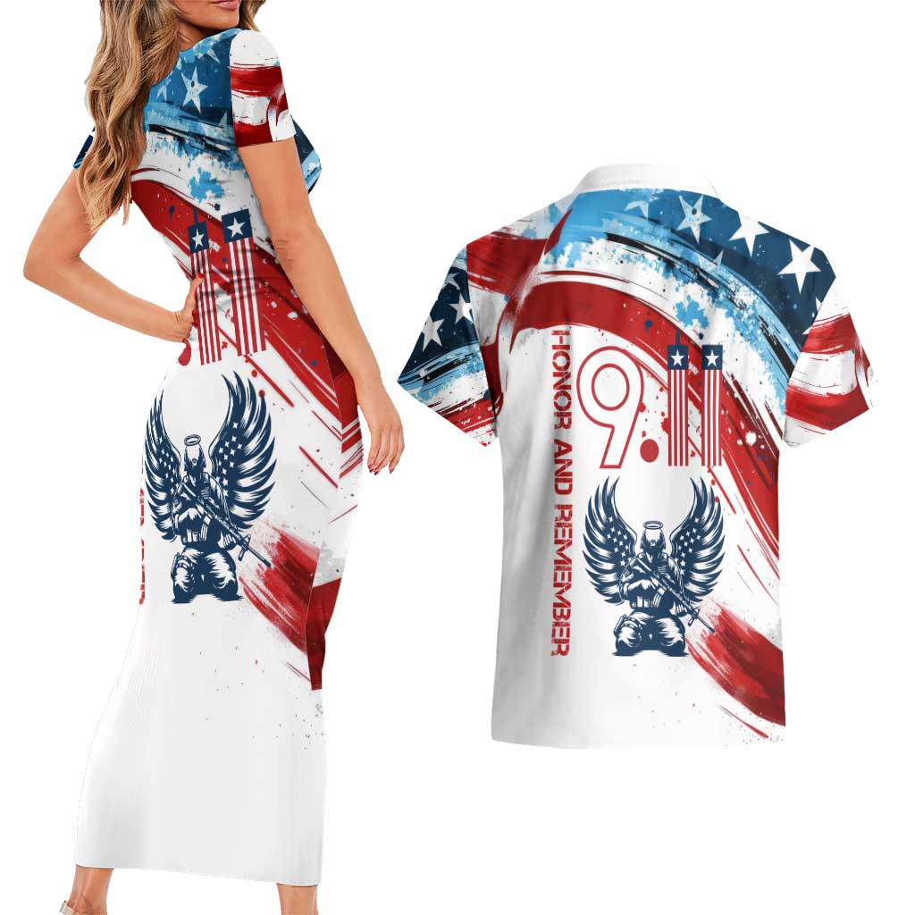 Patriot Day 911 Memorial Couples Matching Short Sleeve Bodycon Dress and Hawaiian Shirt American Flag and Angel Soldier Honor and Remember - Wonder Print Shop