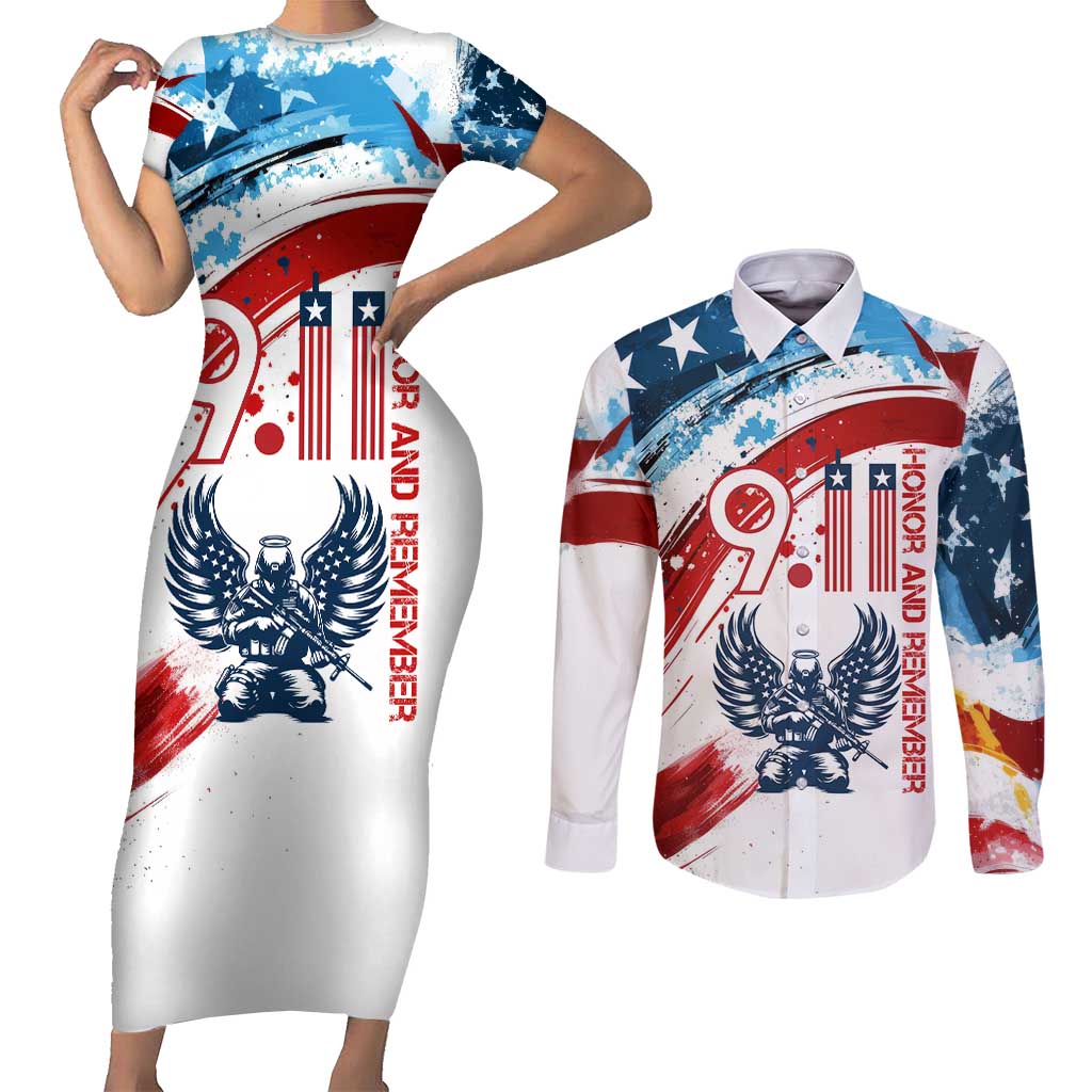 Patriot Day 911 Memorial Couples Matching Short Sleeve Bodycon Dress and Long Sleeve Button Shirt American Flag and Angel Soldier Honor and Remember - Wonder Print Shop
