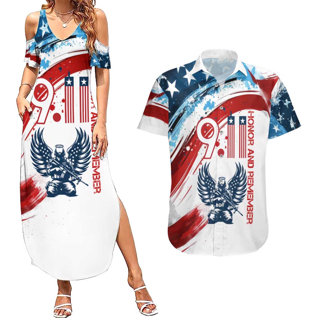 Patriot Day 911 Memorial Couples Matching Summer Maxi Dress and Hawaiian Shirt American Flag and Angel Soldier Honor and Remember - Wonder Print Shop