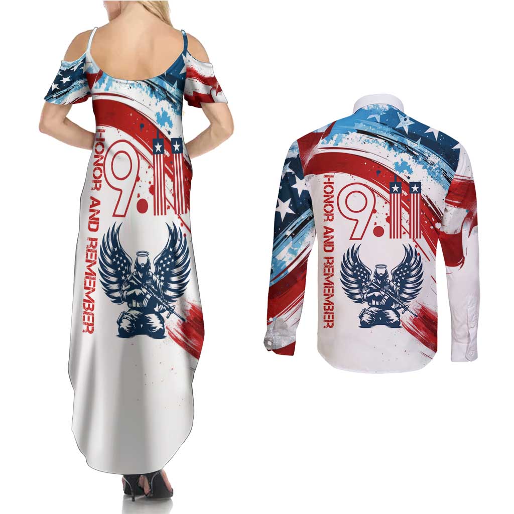 Patriot Day 911 Memorial Couples Matching Summer Maxi Dress and Long Sleeve Button Shirt American Flag and Angel Soldier Honor and Remember - Wonder Print Shop