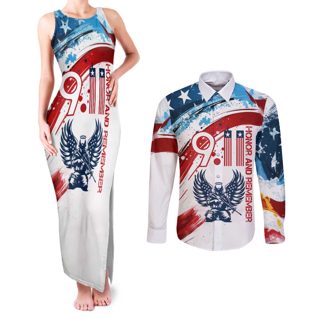 Patriot Day 911 Memorial Couples Matching Tank Maxi Dress and Long Sleeve Button Shirt American Flag and Angel Soldier Honor and Remember - Wonder Print Shop
