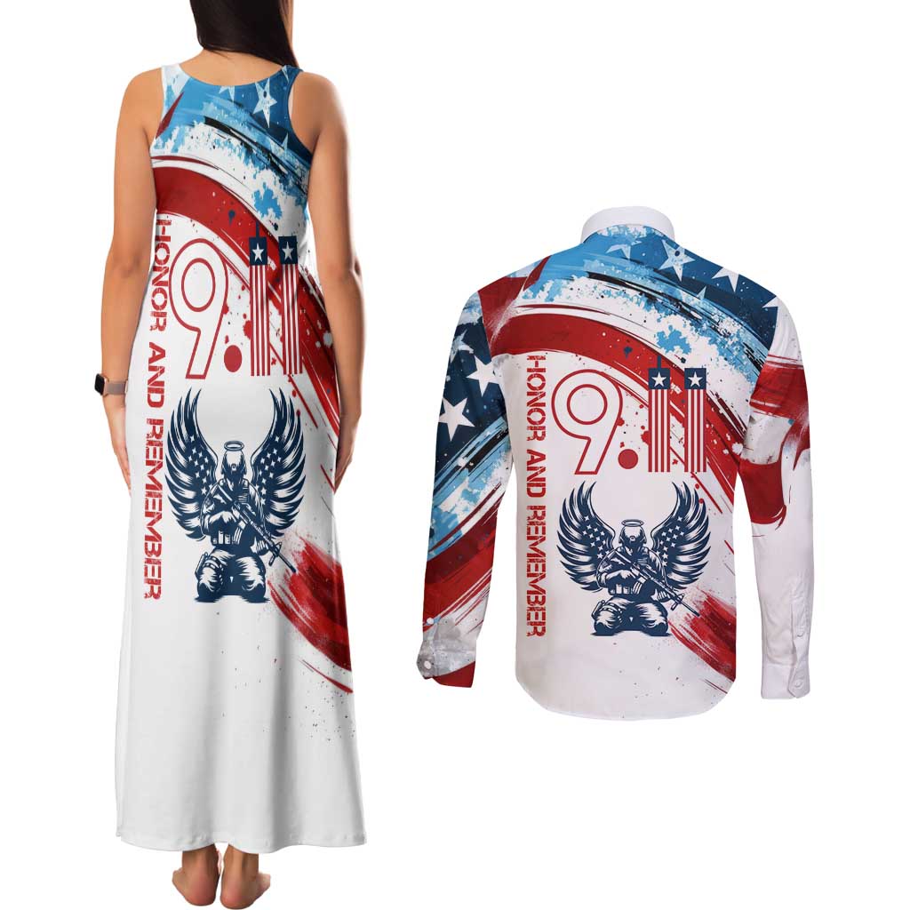 Patriot Day 911 Memorial Couples Matching Tank Maxi Dress and Long Sleeve Button Shirt American Flag and Angel Soldier Honor and Remember - Wonder Print Shop