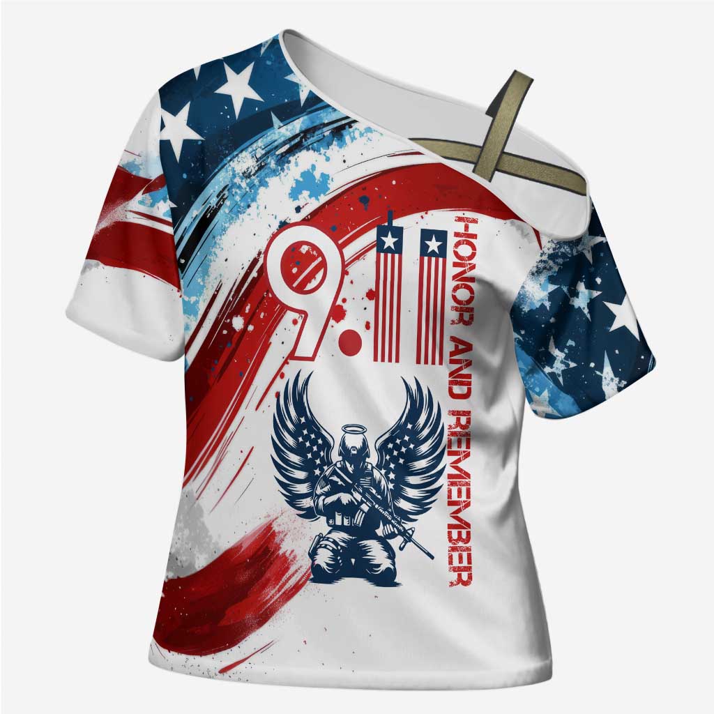 Patriot Day 911 Memorial Cross Shoulder Shirt American Flag and Angel Soldier Honor and Remember - Wonder Print Shop