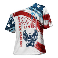Patriot Day 911 Memorial Cross Shoulder Shirt American Flag and Angel Soldier Honor and Remember - Wonder Print Shop