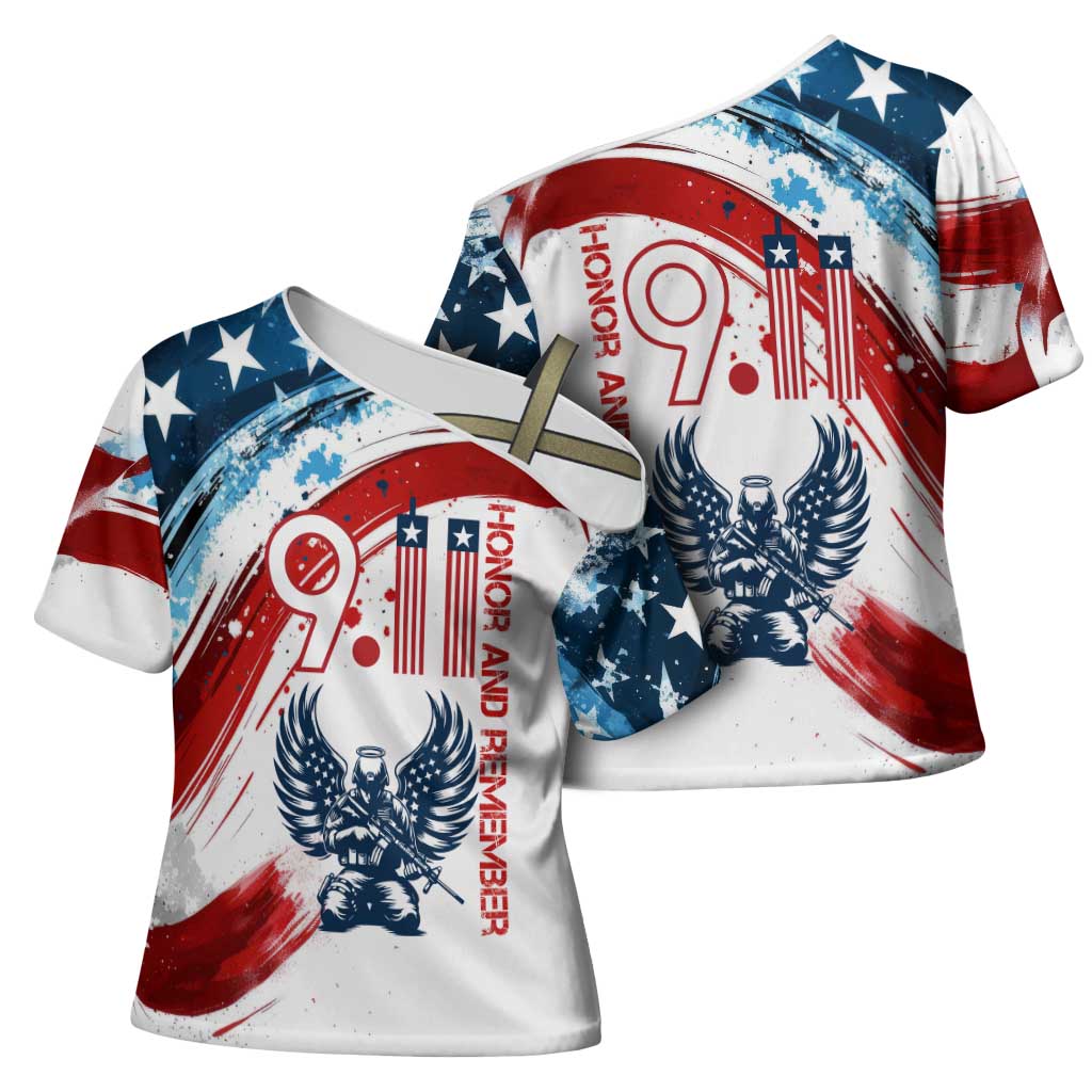 Patriot Day 911 Memorial Cross Shoulder Shirt American Flag and Angel Soldier Honor and Remember - Wonder Print Shop