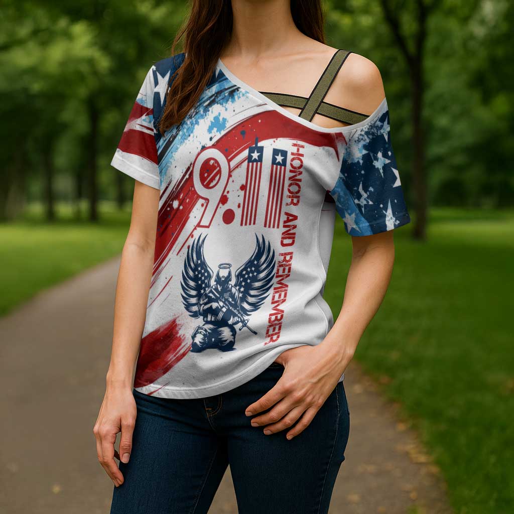 Patriot Day 911 Memorial Cross Shoulder Shirt American Flag and Angel Soldier Honor and Remember - Wonder Print Shop