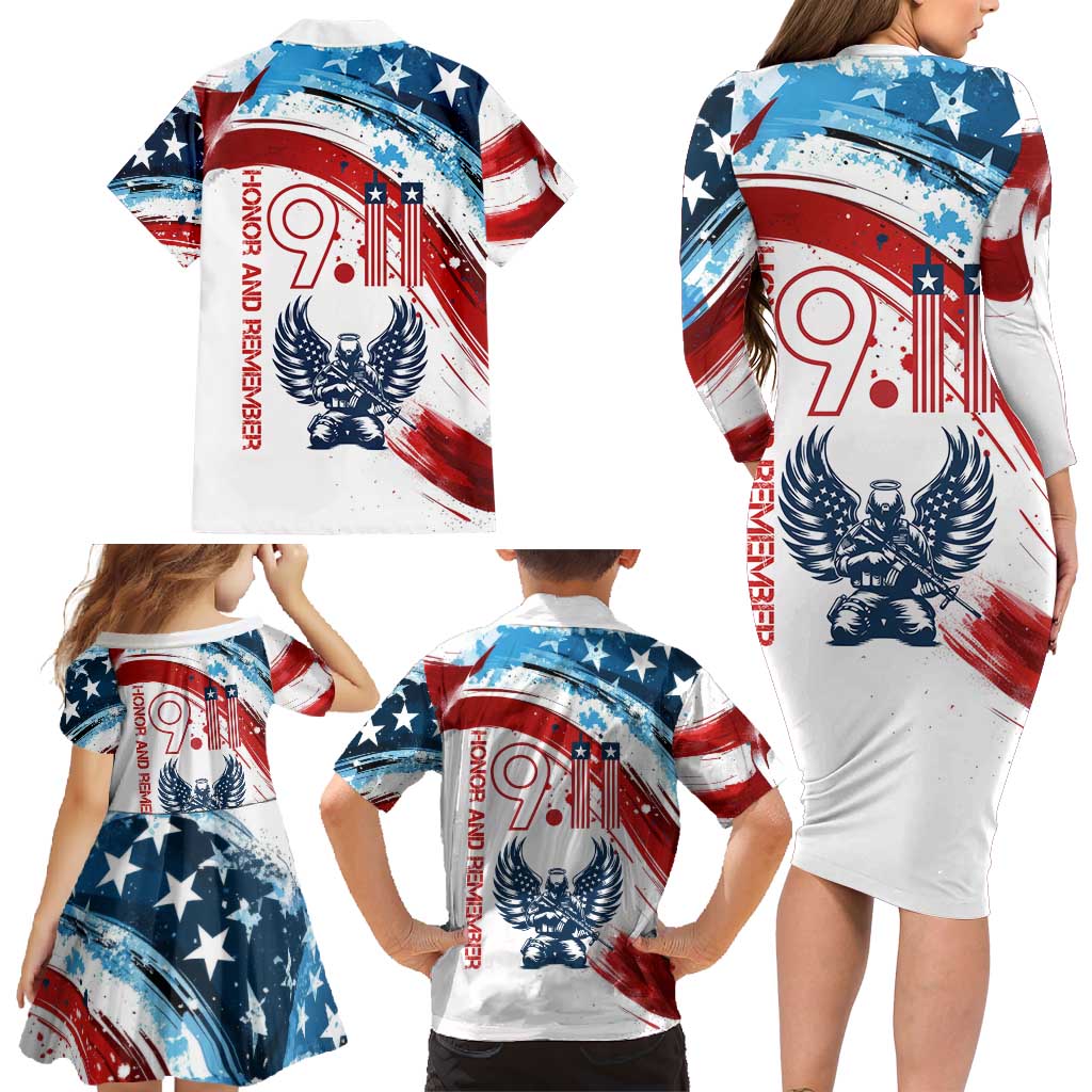 Patriot Day 911 Memorial Family Matching Long Sleeve Bodycon Dress and Hawaiian Shirt American Flag and Angel Soldier Honor and Remember - Wonder Print Shop