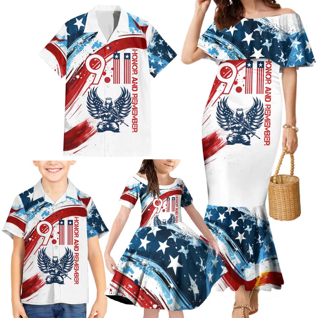 Patriot Day 911 Memorial Family Matching Mermaid Dress and Hawaiian Shirt American Flag and Angel Soldier Honor and Remember - Wonder Print Shop