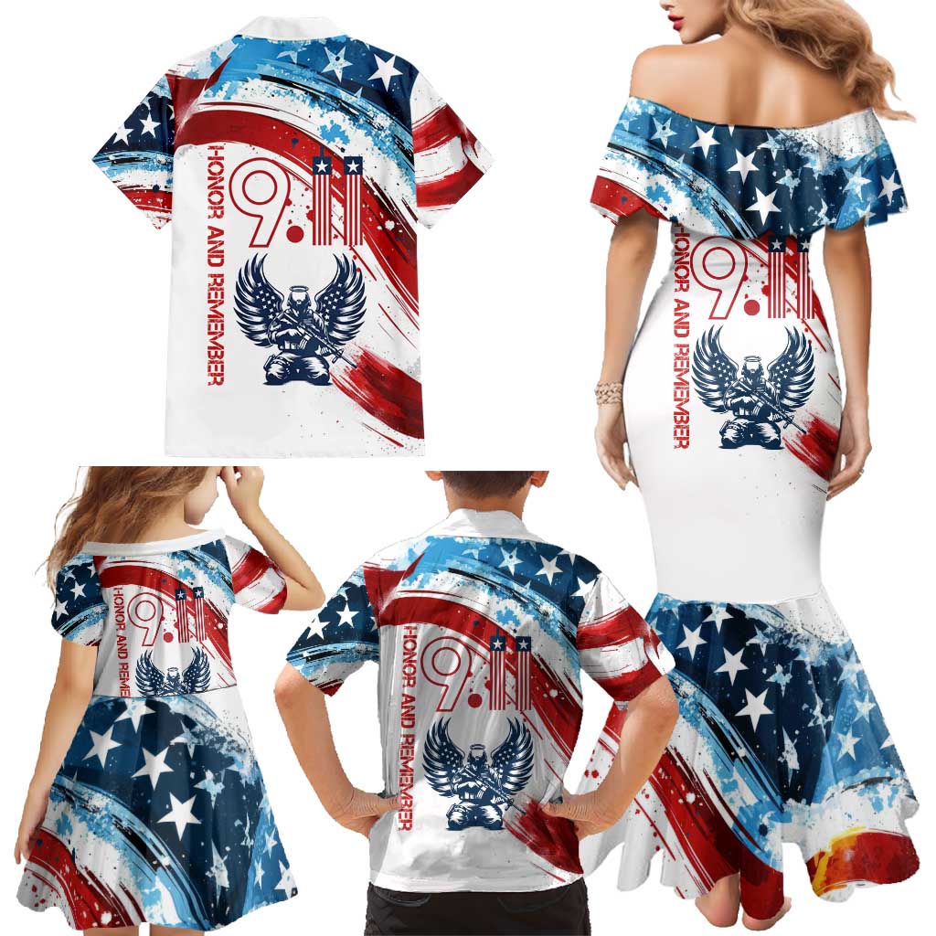 Patriot Day 911 Memorial Family Matching Mermaid Dress and Hawaiian Shirt American Flag and Angel Soldier Honor and Remember - Wonder Print Shop
