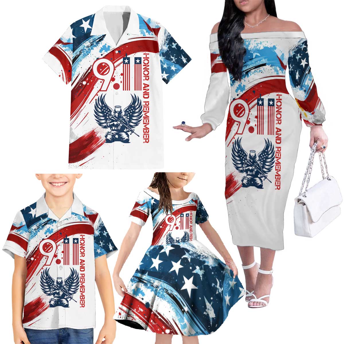 Patriot Day 911 Memorial Family Matching Off The Shoulder Long Sleeve Dress and Hawaiian Shirt American Flag and Angel Soldier Honor and Remember - Wonder Print Shop