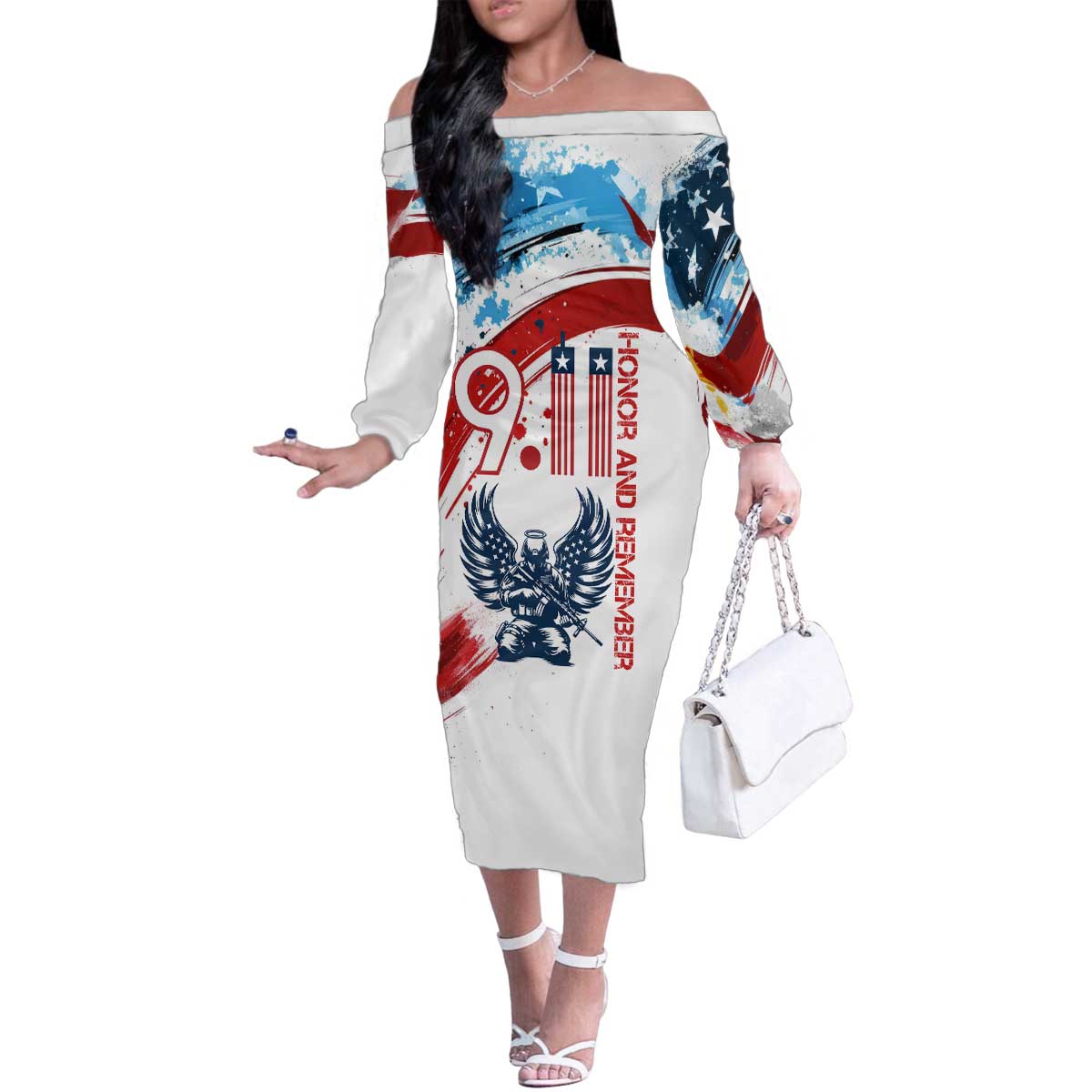 Patriot Day 911 Memorial Family Matching Off The Shoulder Long Sleeve Dress and Hawaiian Shirt American Flag and Angel Soldier Honor and Remember - Wonder Print Shop