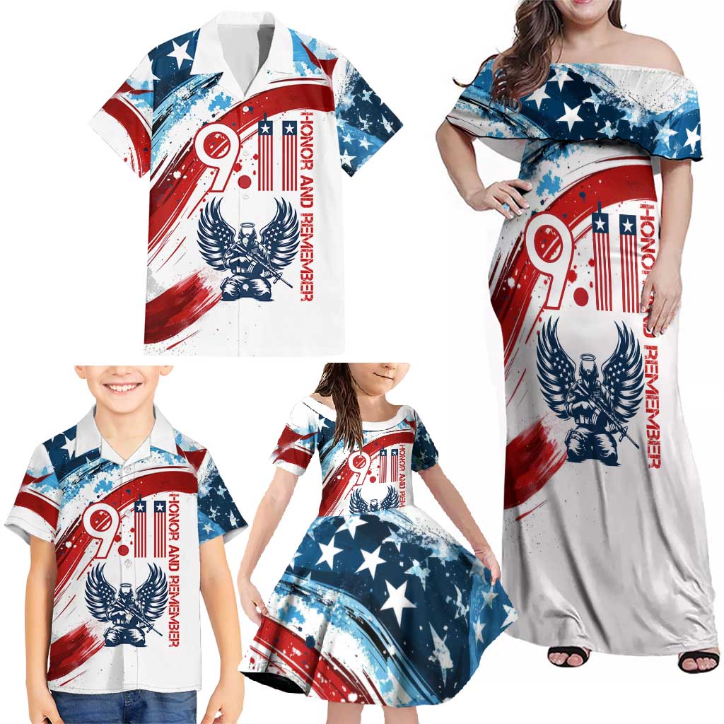 Patriot Day 911 Memorial Family Matching Off Shoulder Maxi Dress and Hawaiian Shirt American Flag and Angel Soldier Honor and Remember - Wonder Print Shop