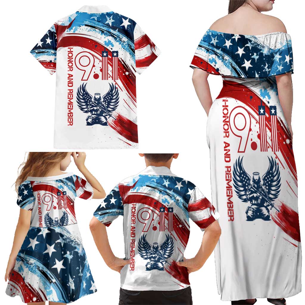 Patriot Day 911 Memorial Family Matching Off Shoulder Maxi Dress and Hawaiian Shirt American Flag and Angel Soldier Honor and Remember - Wonder Print Shop
