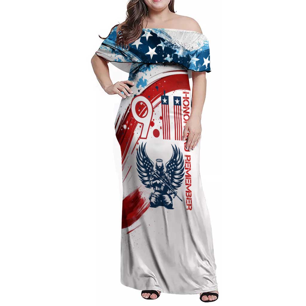 Patriot Day 911 Memorial Family Matching Off Shoulder Maxi Dress and Hawaiian Shirt American Flag and Angel Soldier Honor and Remember - Wonder Print Shop