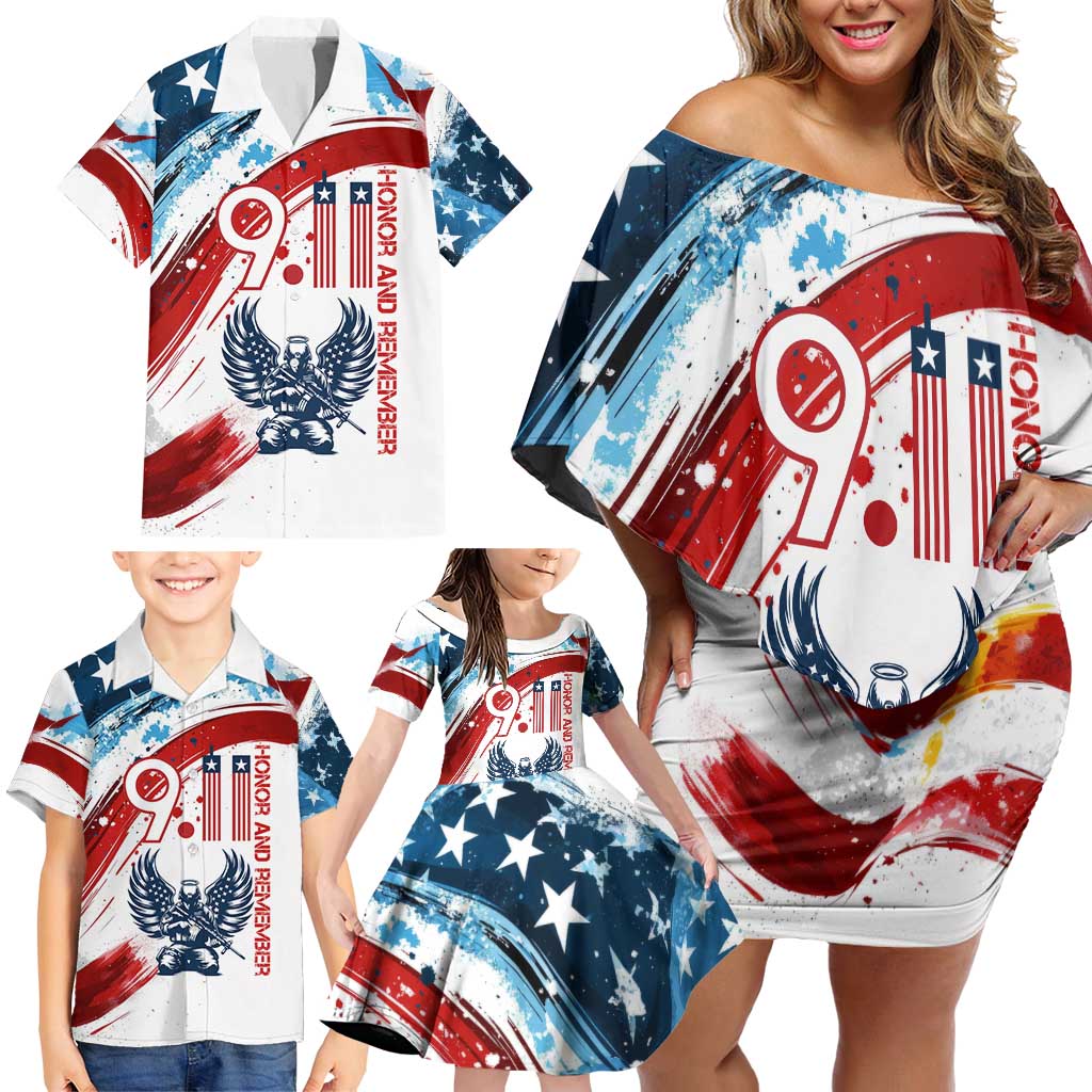 Patriot Day 911 Memorial Family Matching Off Shoulder Short Dress and Hawaiian Shirt American Flag and Angel Soldier Honor and Remember - Wonder Print Shop