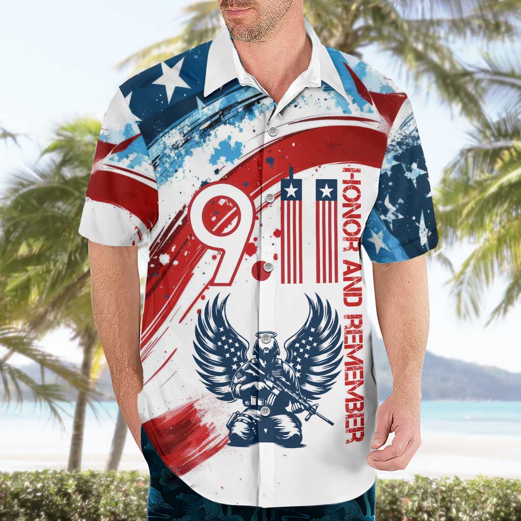 Patriot Day 911 Memorial Hawaiian Shirt American Flag and Angel Soldier Honor and Remember - Wonder Print Shop