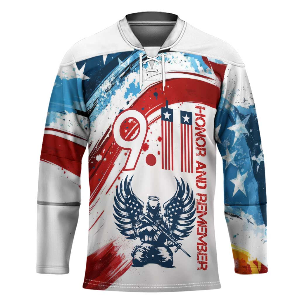 Patriot Day 911 Memorial Hockey Jersey American Flag and Angel Soldier Honor and Remember - Wonder Print Shop