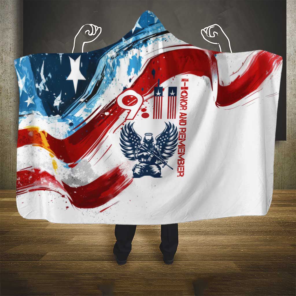 Patriot Day 911 Memorial Hooded Blanket American Flag and Angel Soldier Honor and Remember - Wonder Print Shop