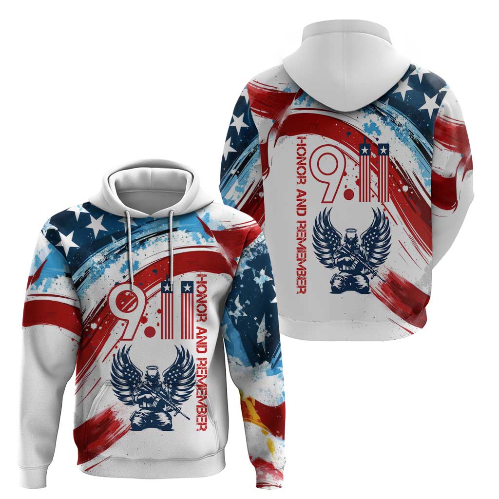 Patriot Day 911 Memorial Hoodie American Flag and Angel Soldier Honor and Remember - Wonder Print Shop