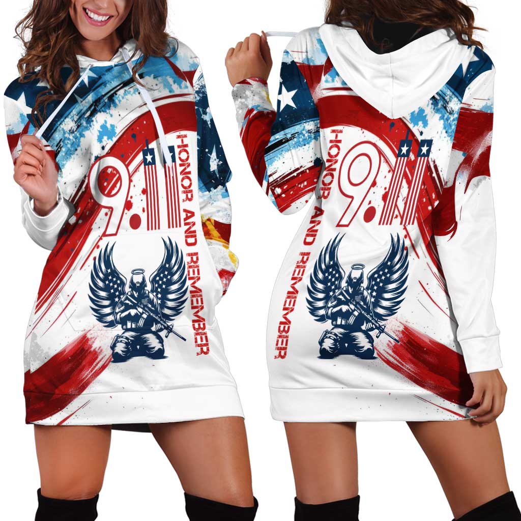 Patriot Day 911 Memorial Hoodie Dress American Flag and Angel Soldier Honor and Remember - Wonder Print Shop