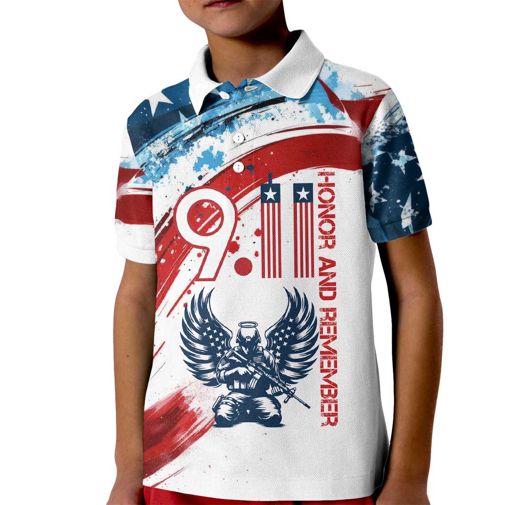 Patriot Day 911 Memorial Kid Polo Shirt American Flag and Angel Soldier Honor and Remember - Wonder Print Shop