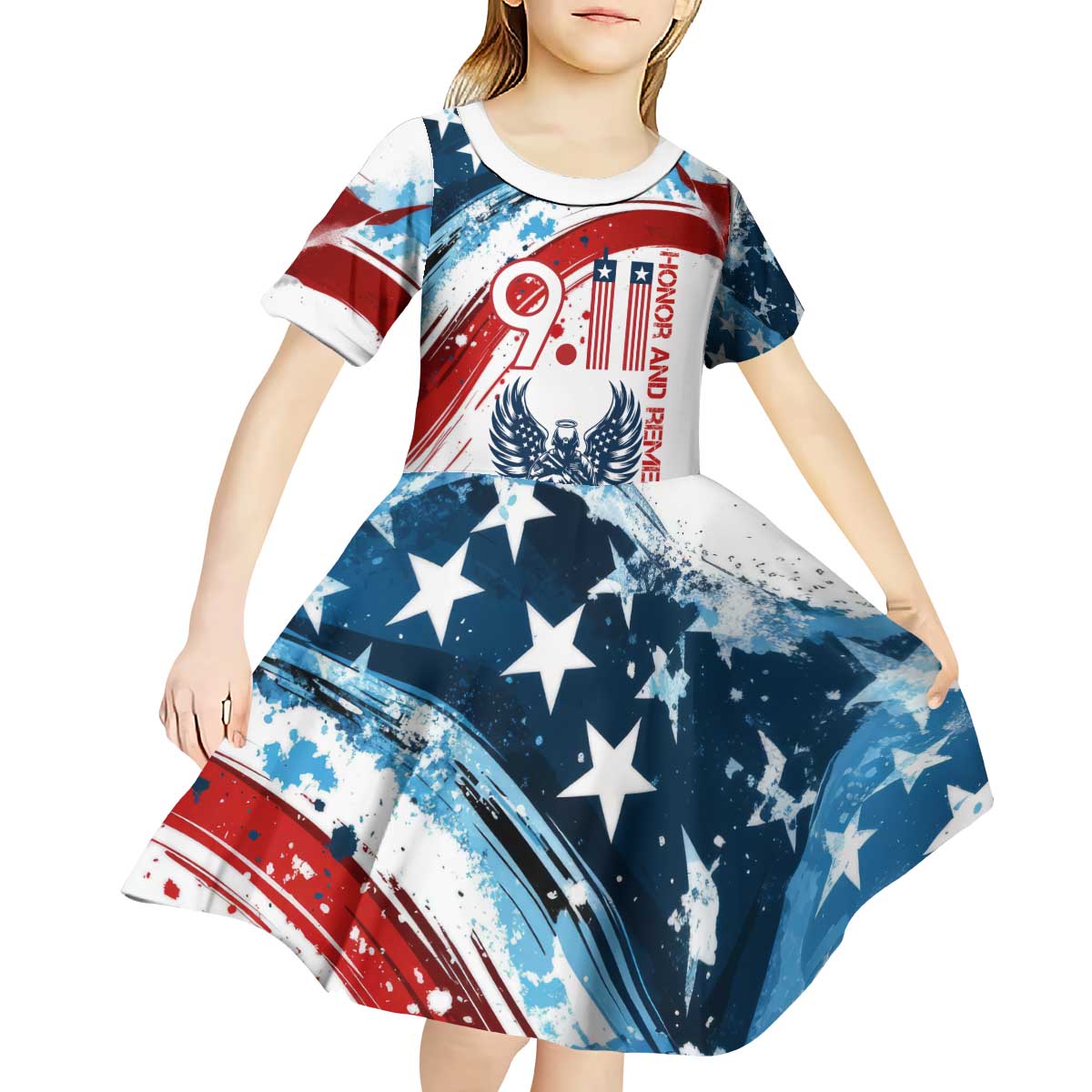 Patriot Day 911 Memorial Kid Short Sleeve Dress American Flag and Angel Soldier Honor and Remember - Wonder Print Shop