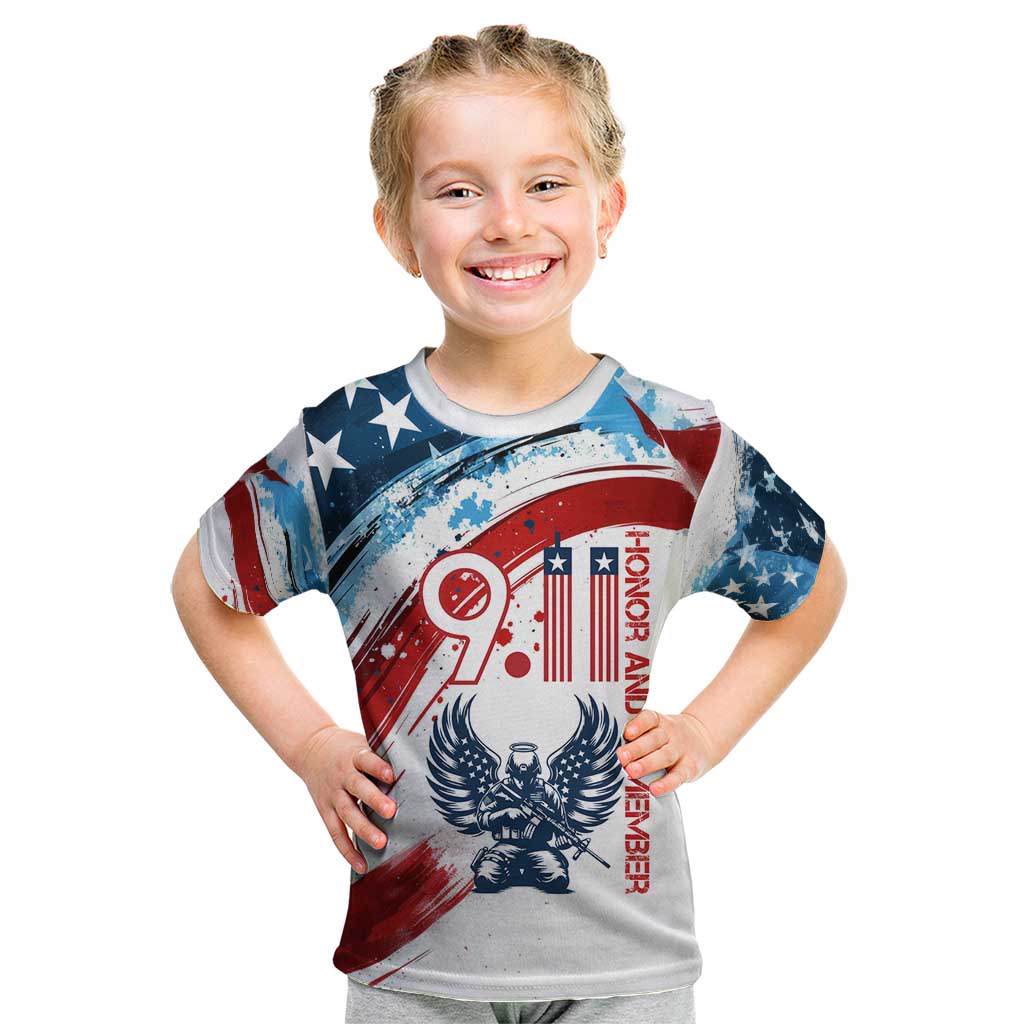 Patriot Day 911 Memorial Kid T Shirt American Flag and Angel Soldier Honor and Remember - Wonder Print Shop