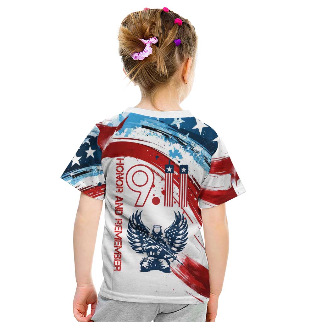 Patriot Day 911 Memorial Kid T Shirt American Flag and Angel Soldier Honor and Remember - Wonder Print Shop