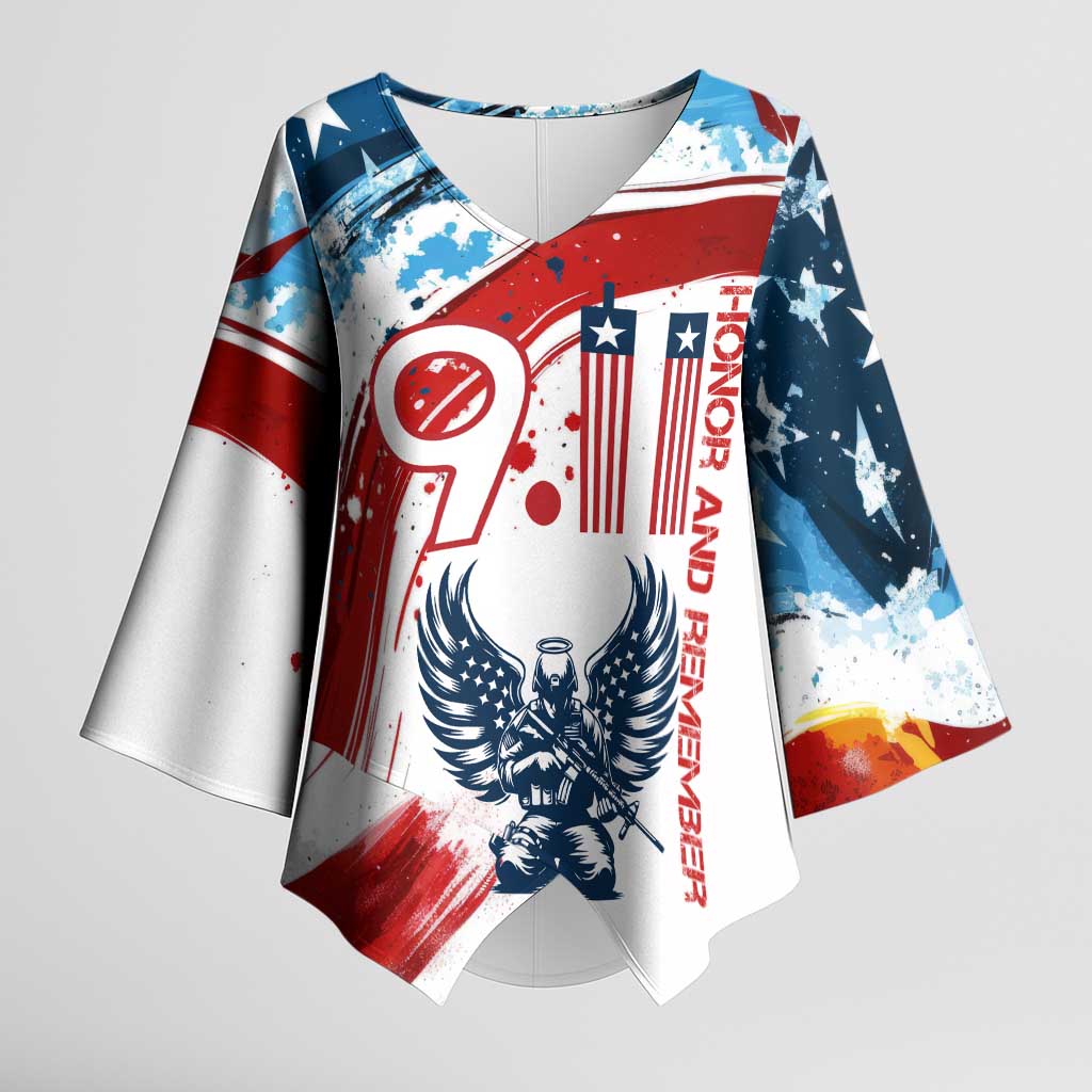 Patriot Day 911 Memorial Kimono Sleeve Blouse American Flag and Angel Soldier Honor and Remember - Wonder Print Shop