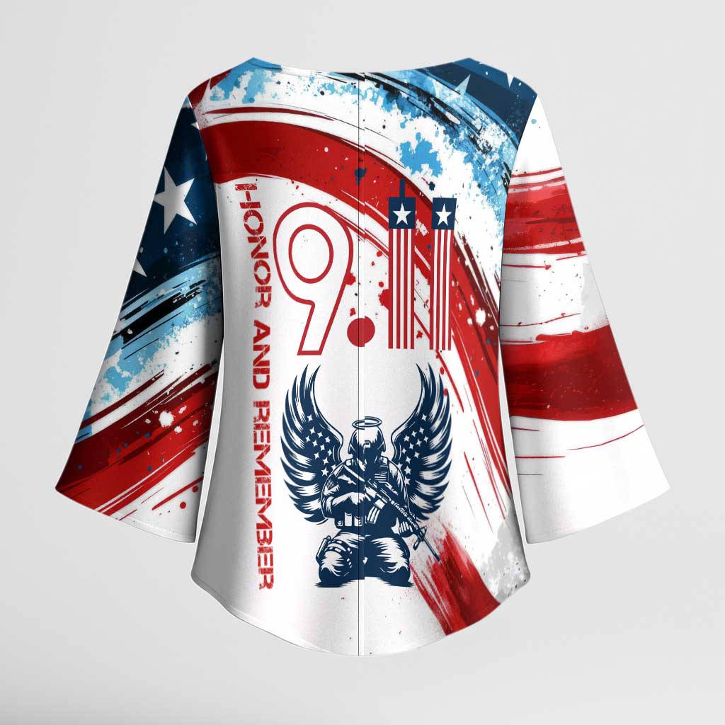 Patriot Day 911 Memorial Kimono Sleeve Blouse American Flag and Angel Soldier Honor and Remember - Wonder Print Shop