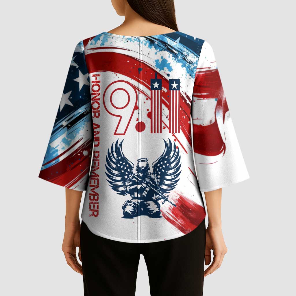 Patriot Day 911 Memorial Kimono Sleeve Blouse American Flag and Angel Soldier Honor and Remember - Wonder Print Shop