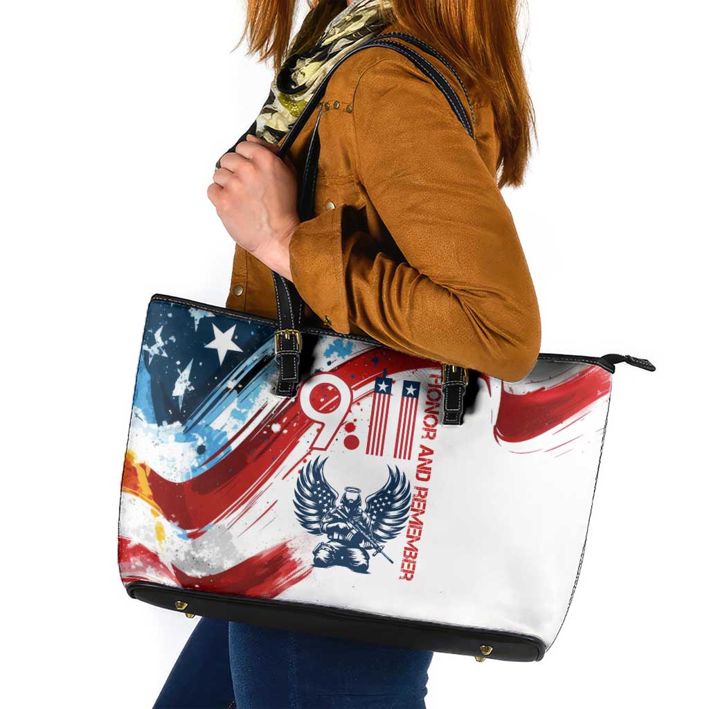 Patriot Day 911 Memorial Leather Tote Bag American Flag and Angel Soldier Honor and Remember - Wonder Print Shop