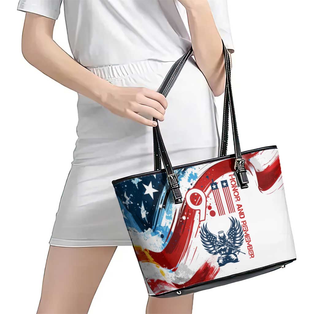Patriot Day 911 Memorial Leather Tote Bag American Flag and Angel Soldier Honor and Remember - Wonder Print Shop