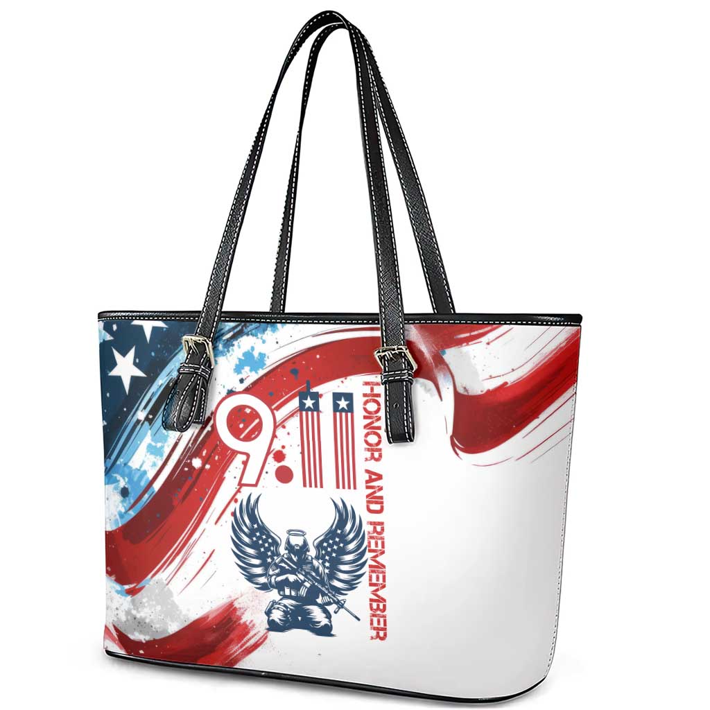 Patriot Day 911 Memorial Leather Tote Bag American Flag and Angel Soldier Honor and Remember - Wonder Print Shop