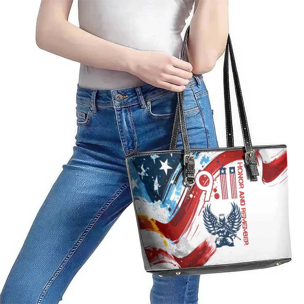 Patriot Day 911 Memorial Leather Tote Bag American Flag and Angel Soldier Honor and Remember - Wonder Print Shop