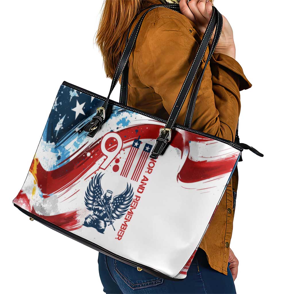Patriot Day 911 Memorial Leather Tote Bag American Flag and Angel Soldier Honor and Remember - Wonder Print Shop