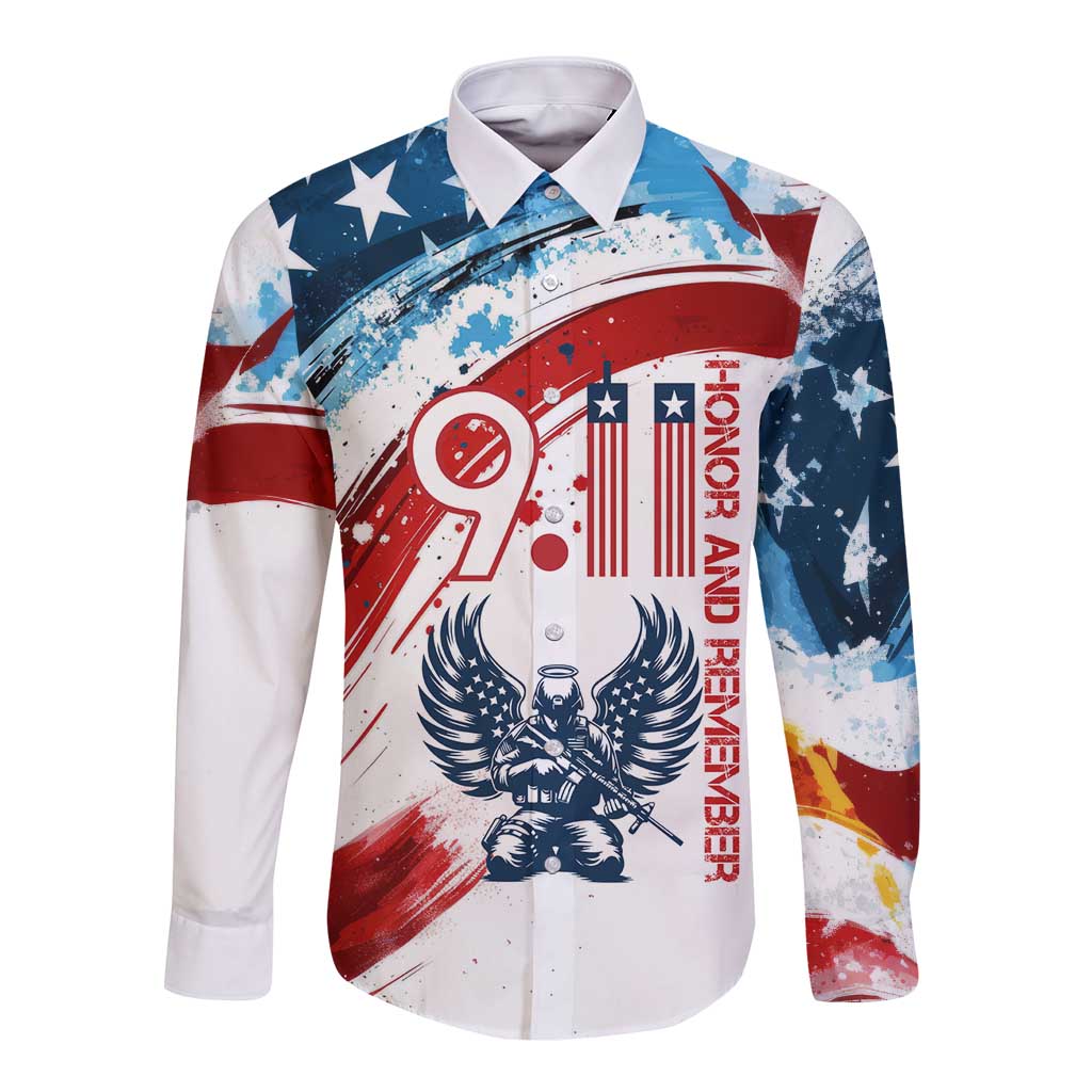 Patriot Day 911 Memorial Long Sleeve Button Shirt American Flag and Angel Soldier Honor and Remember - Wonder Print Shop