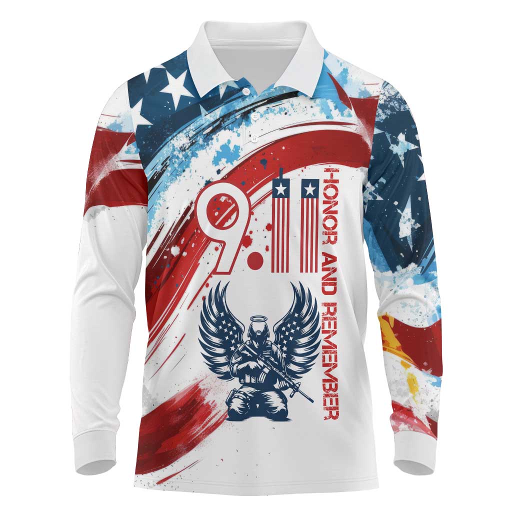 Patriot Day 911 Memorial Long Sleeve Polo Shirt American Flag and Angel Soldier Honor and Remember - Wonder Print Shop