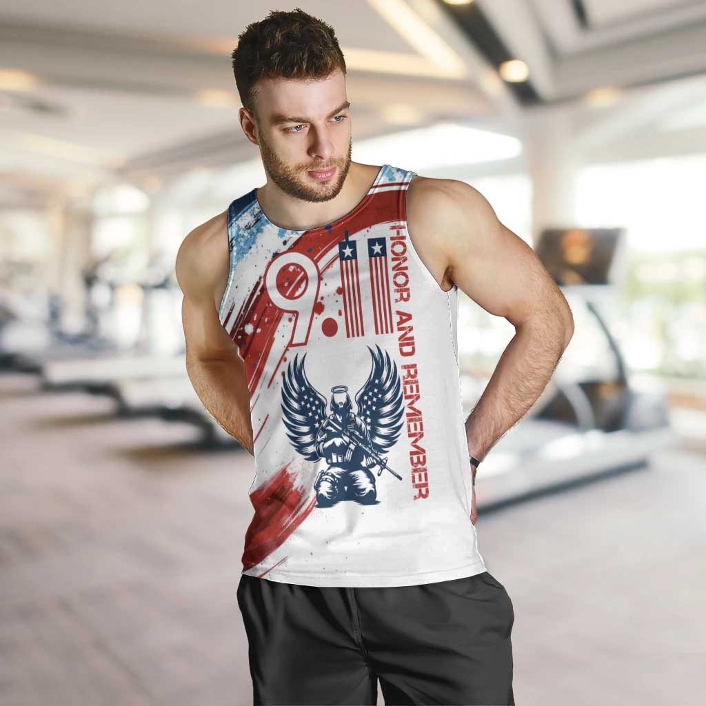 Patriot Day 911 Memorial Men Tank Top American Flag and Angel Soldier Honor and Remember - Wonder Print Shop