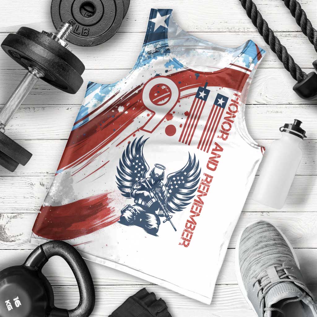 Patriot Day 911 Memorial Men Tank Top American Flag and Angel Soldier Honor and Remember - Wonder Print Shop