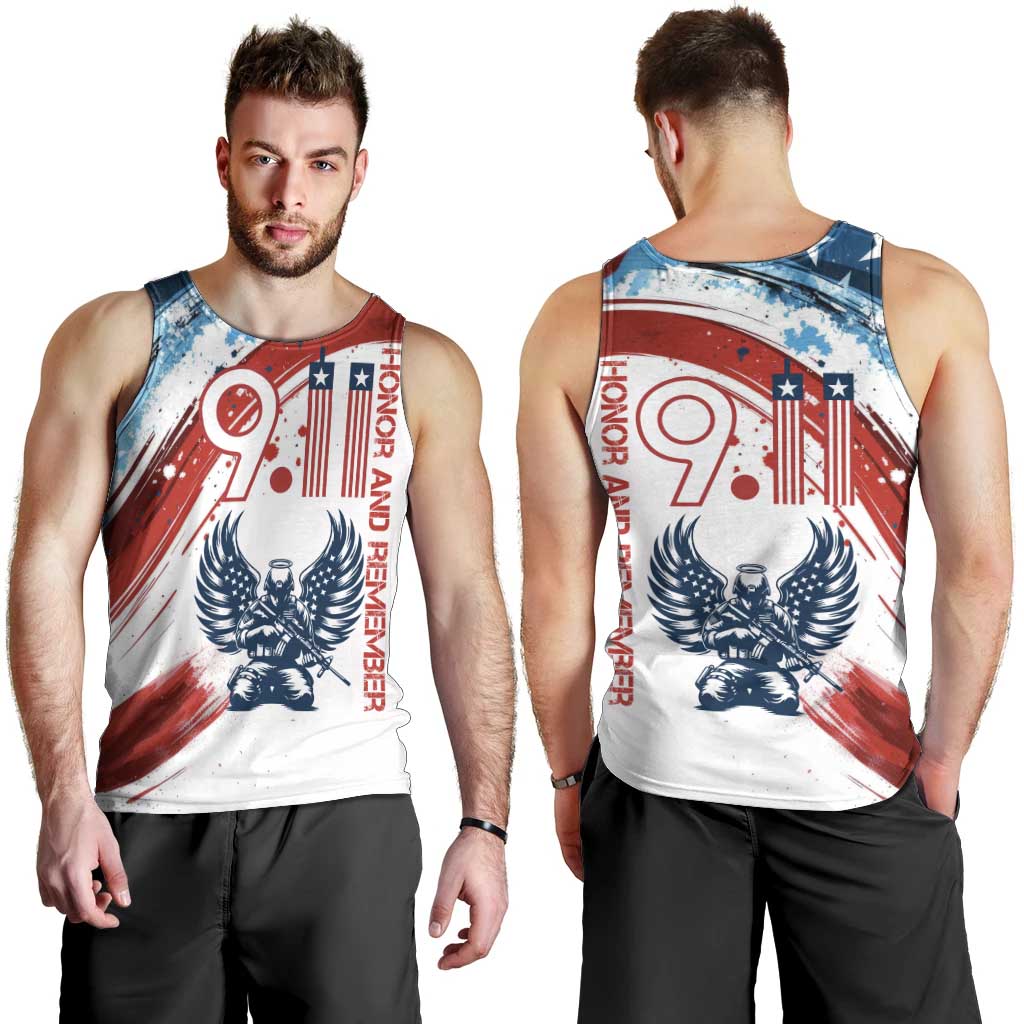 Patriot Day 911 Memorial Men Tank Top American Flag and Angel Soldier Honor and Remember - Wonder Print Shop