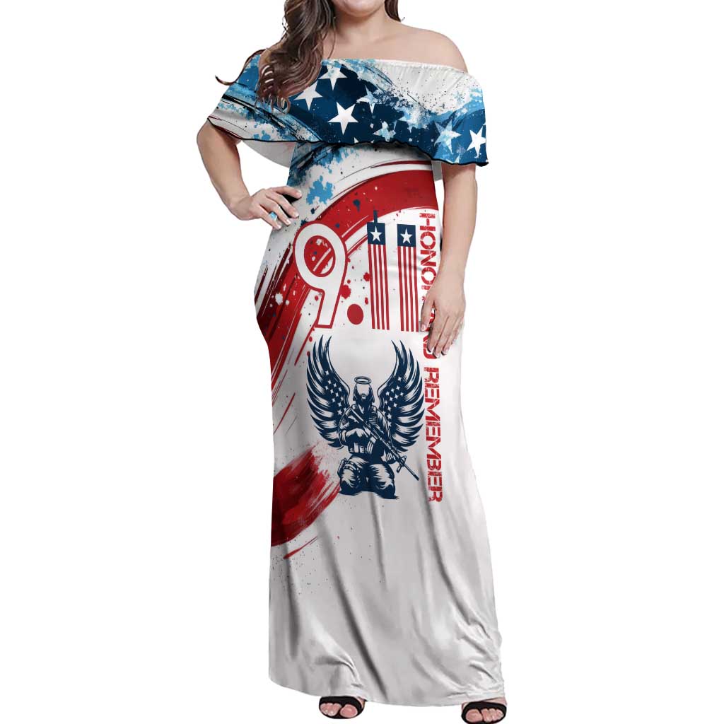Patriot Day 911 Memorial Off Shoulder Maxi Dress American Flag and Angel Soldier Honor and Remember - Wonder Print Shop