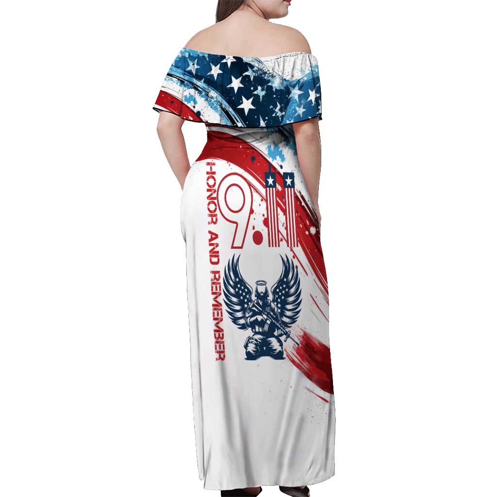Patriot Day 911 Memorial Off Shoulder Maxi Dress American Flag and Angel Soldier Honor and Remember - Wonder Print Shop