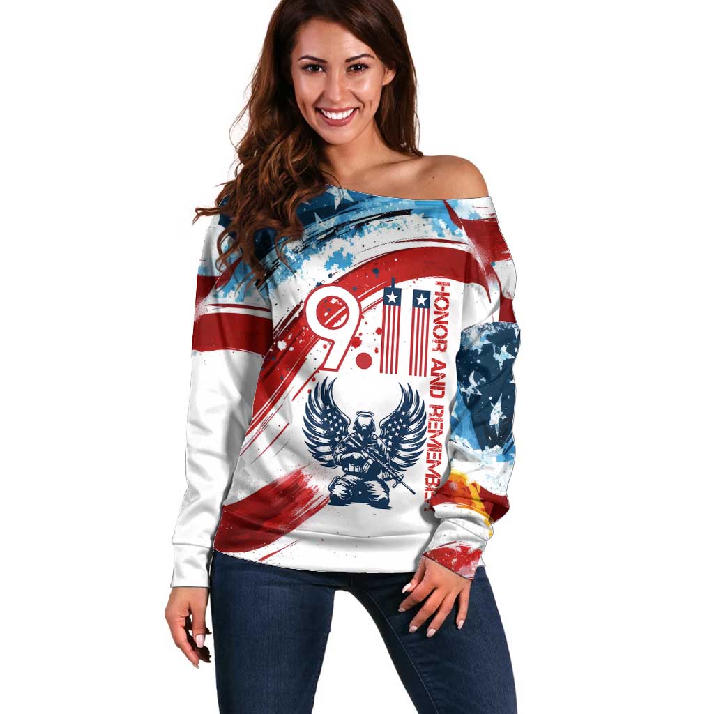 Patriot Day 911 Memorial Off Shoulder Sweater American Flag and Angel Soldier Honor and Remember - Wonder Print Shop