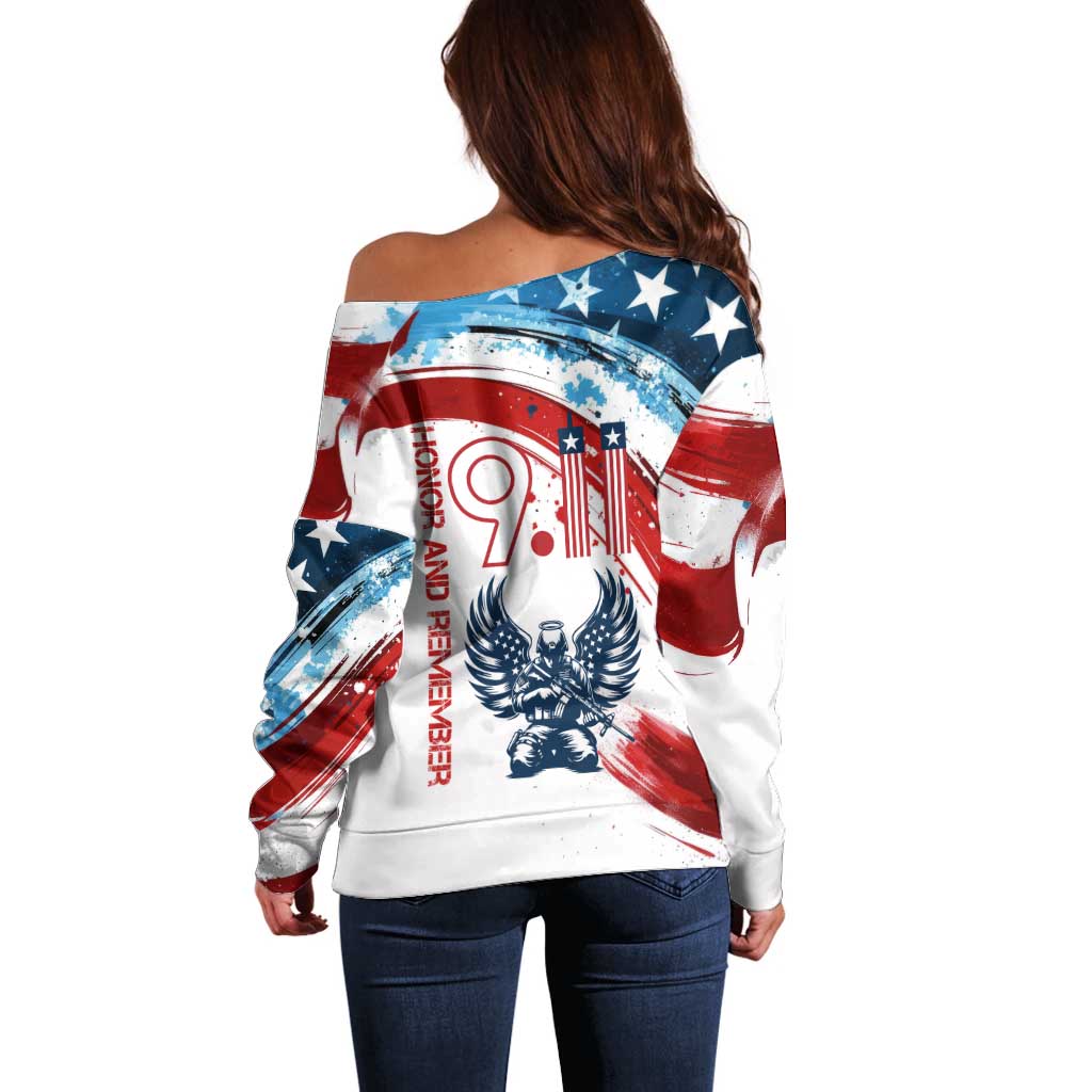 Patriot Day 911 Memorial Off Shoulder Sweater American Flag and Angel Soldier Honor and Remember - Wonder Print Shop