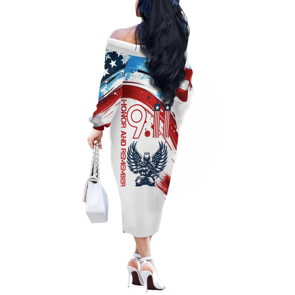 Patriot Day 911 Memorial Off The Shoulder Long Sleeve Dress American Flag and Angel Soldier Honor and Remember - Wonder Print Shop