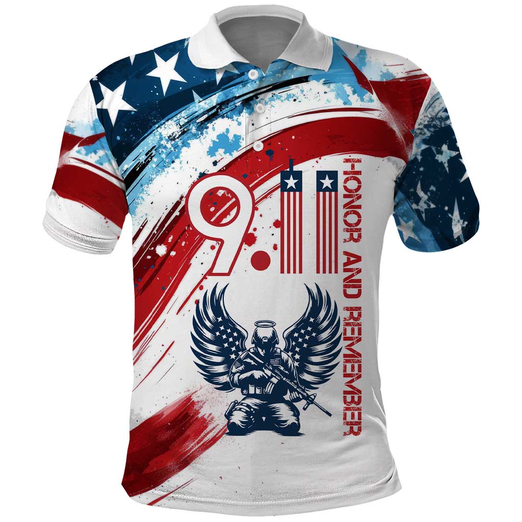 Patriot Day 911 Memorial Polo Shirt American Flag and Angel Soldier Honor and Remember - Wonder Print Shop
