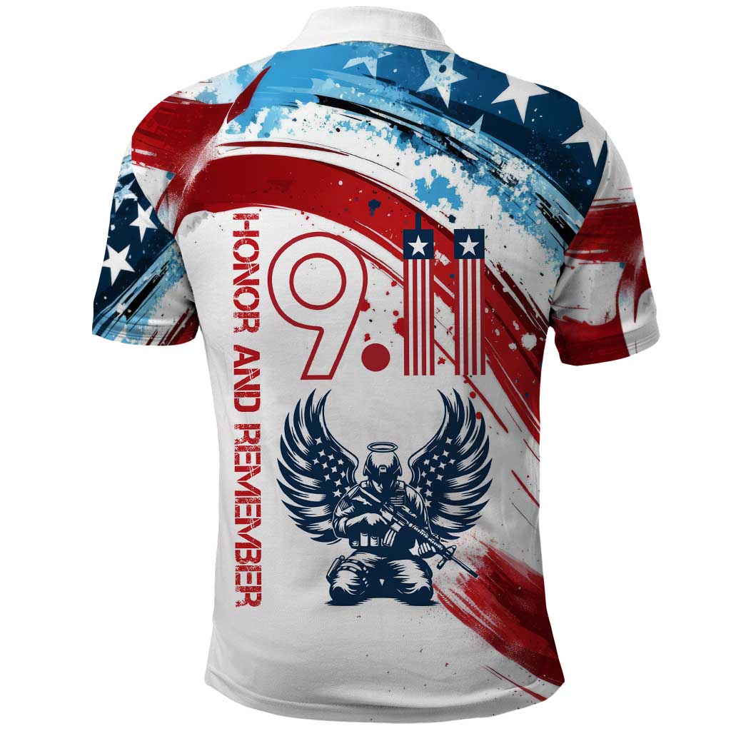 Patriot Day 911 Memorial Polo Shirt American Flag and Angel Soldier Honor and Remember - Wonder Print Shop