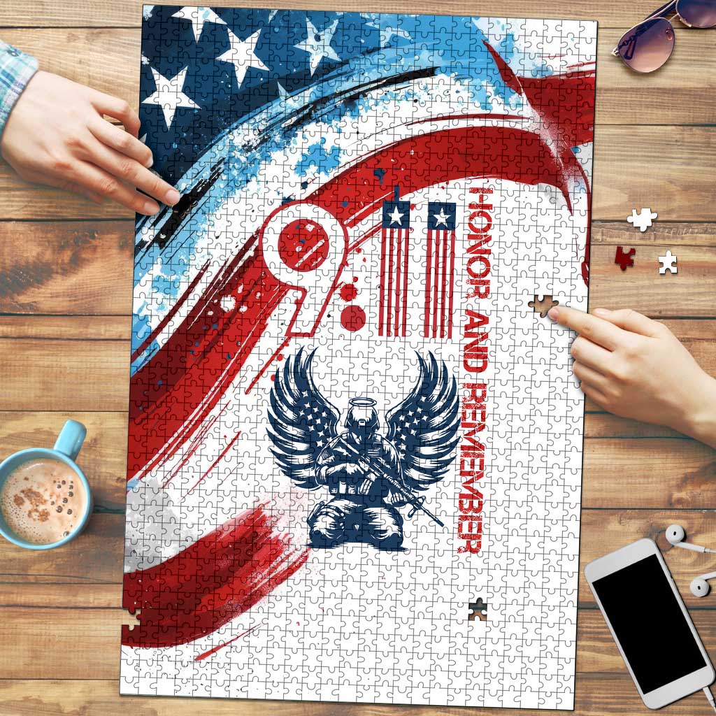 Patriot Day 911 Memorial Puzzle American Flag and Angel Soldier Honor and Remember - Wonder Print Shop