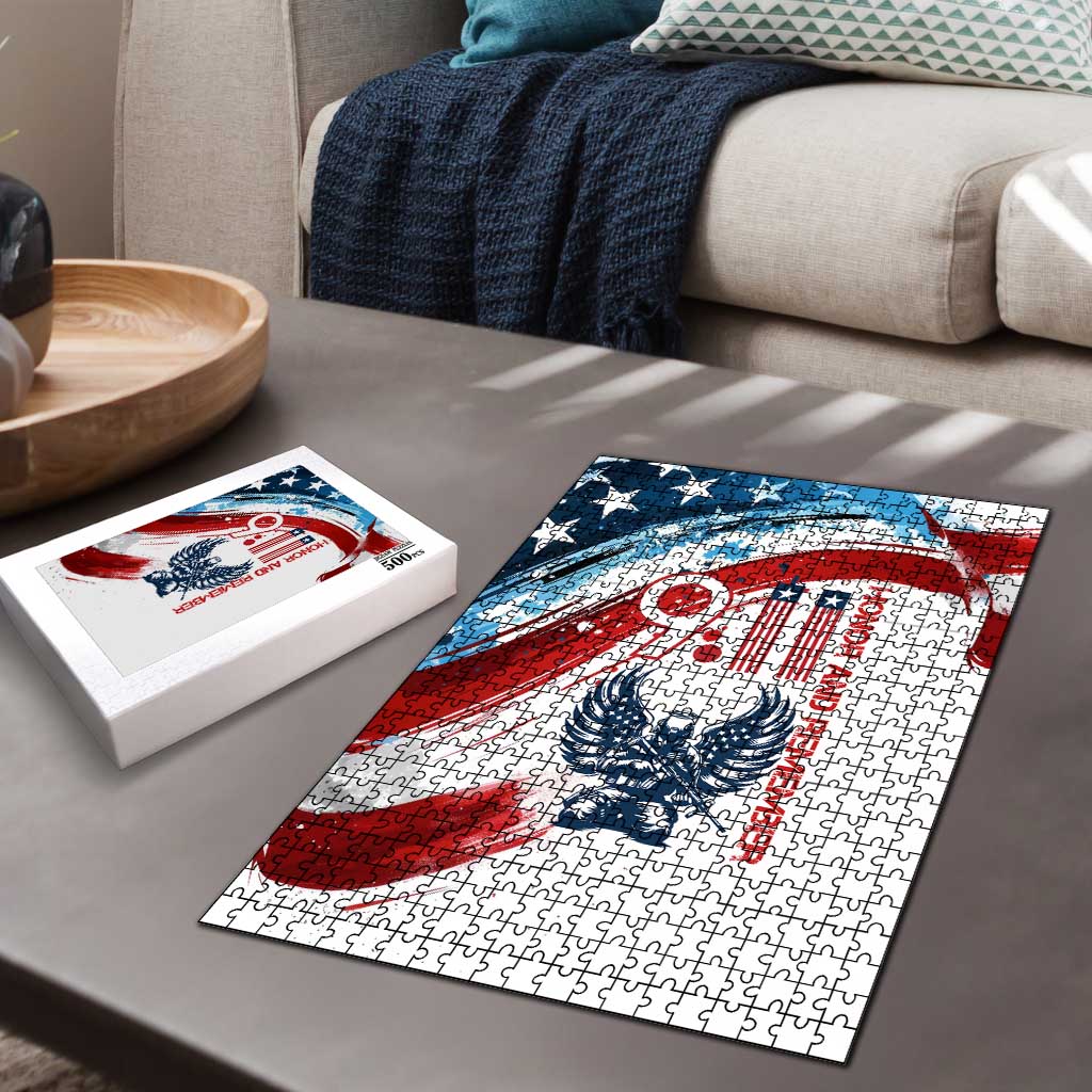 Patriot Day 911 Memorial Puzzle American Flag and Angel Soldier Honor and Remember - Wonder Print Shop